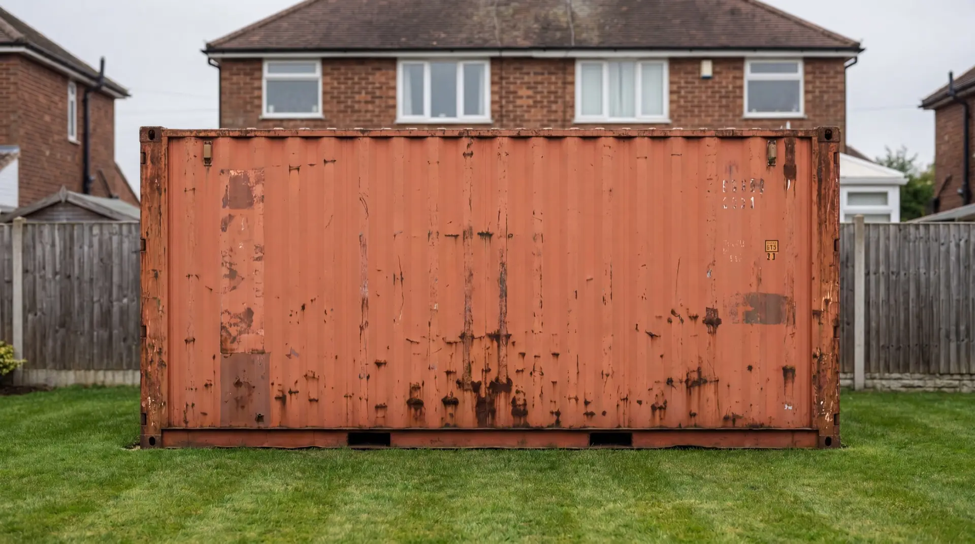 The same container before conversion: a rusty steel shipping container