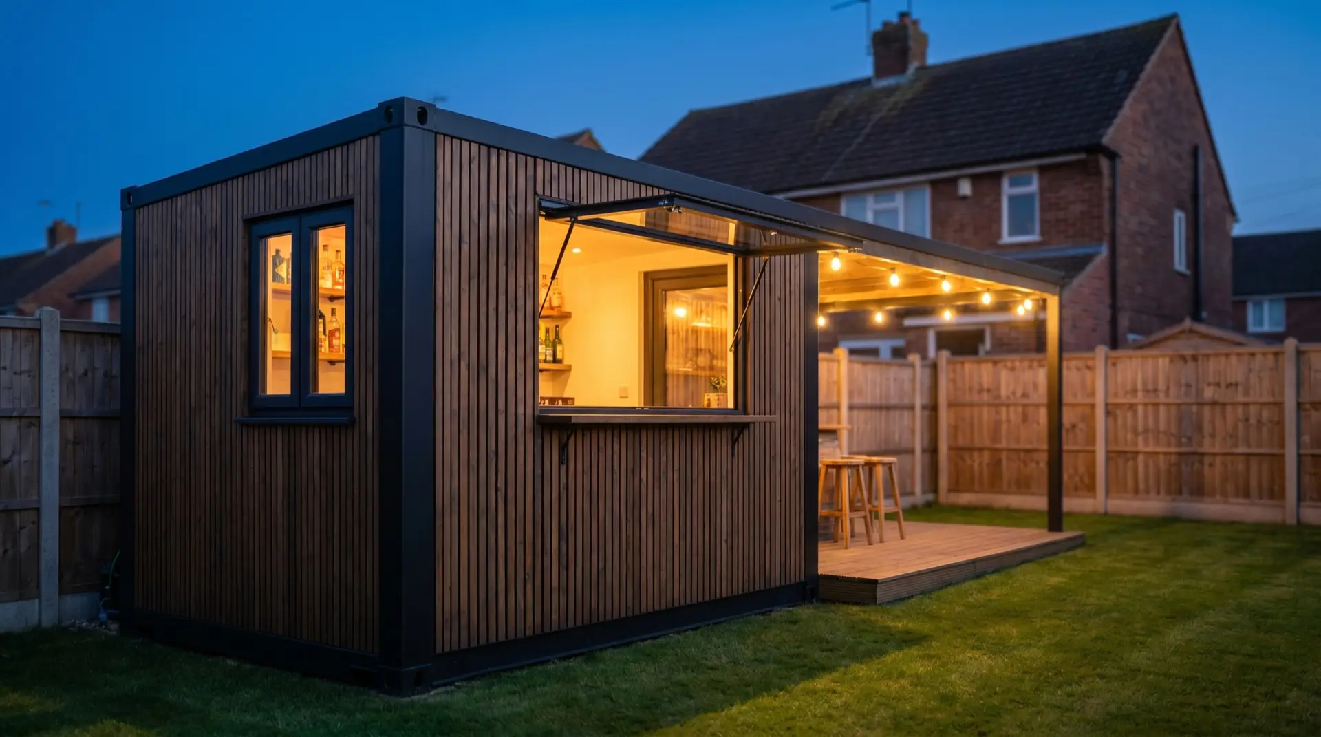 Bar at dusk: serving hatch & festoons